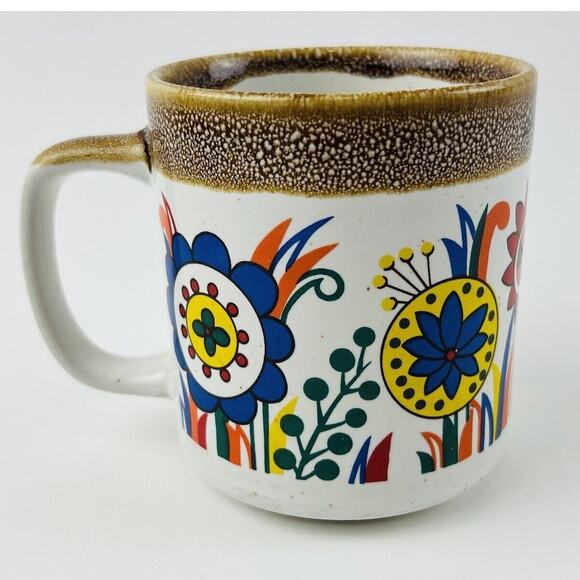 Vintage 60s/70s Retro Porcelain Blue Green Flower Power Mug Red Orange MCM Leaf - Picture 2 of 10